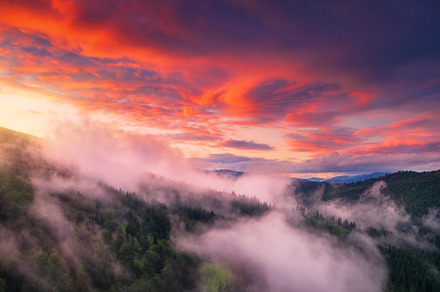 Mountains in low clouds at sunset in summer. Aerial view, a Nature Photo by den-belitsky