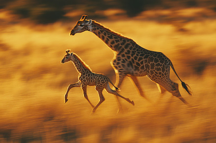 Giraffe and Calf Running Golden Suns, an Animal Photo by Pixeness