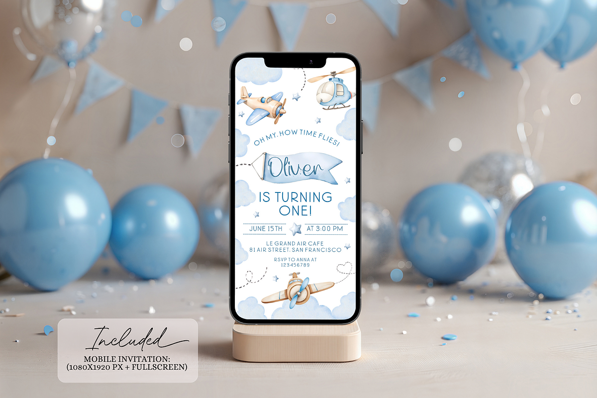 Vintage Plane 1st Bday Digital Evite, a Templates & Theme by VeliusCreativeStudio (Photo 2 of 3)