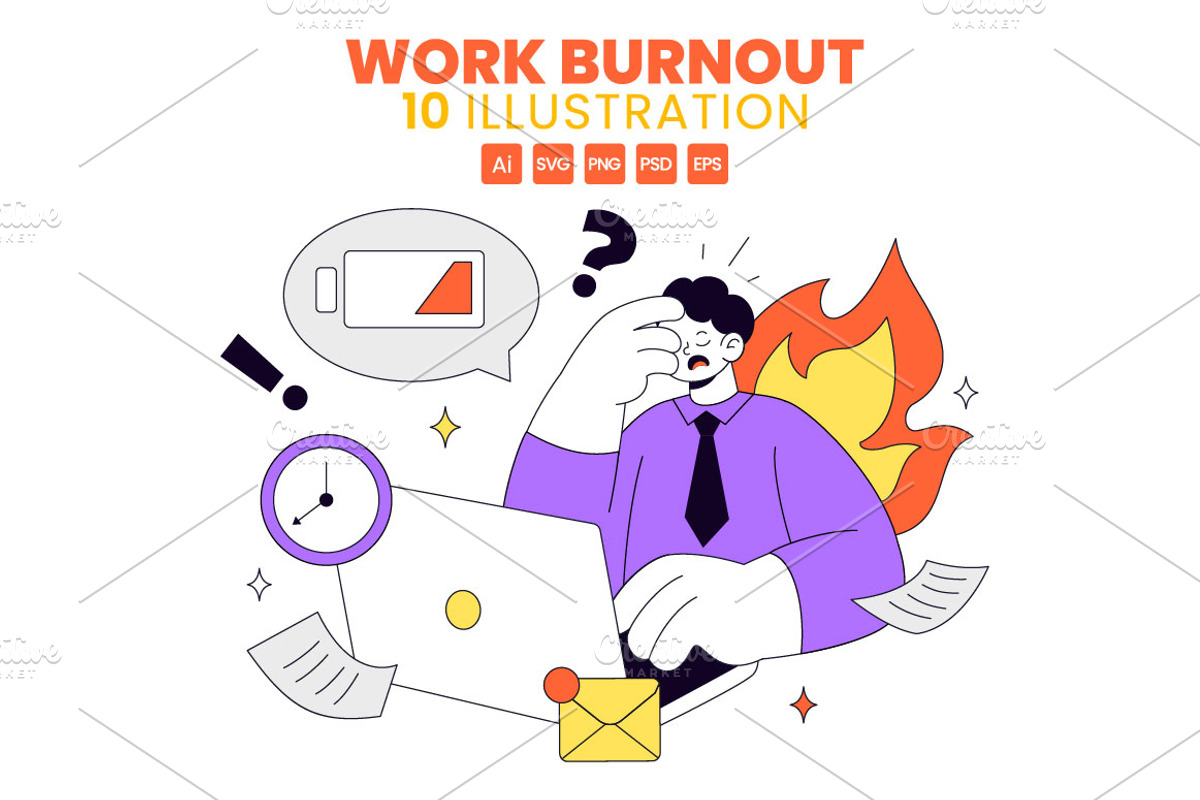 10 Work Burnout Illustration, a Person Illustration by denayunebgt (Photo 1 of 4)