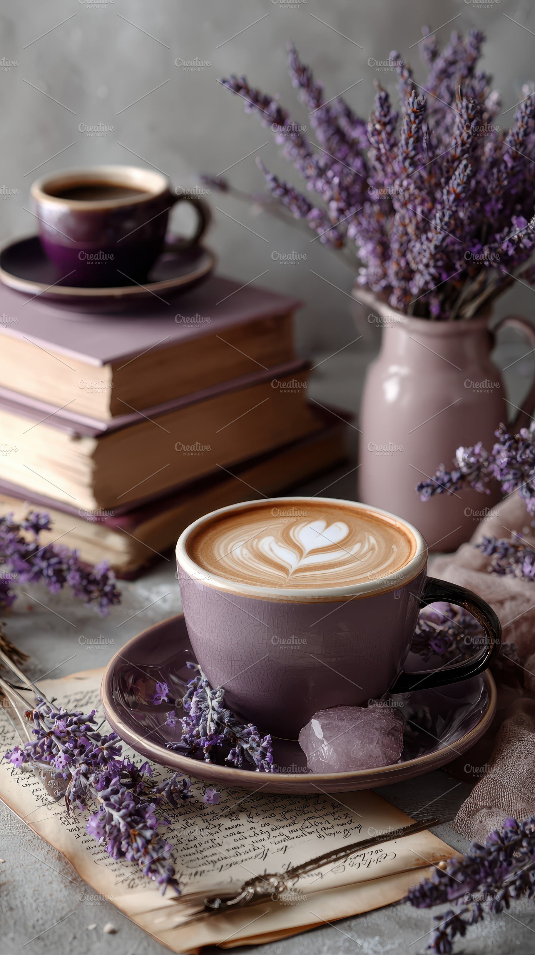 Lavender Latte Coffee Books Cozy Atm, a Photo by Pixeness Studio