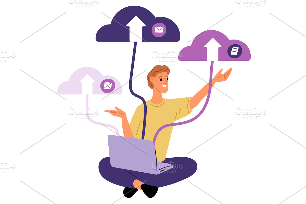 Man uses laptop to upload and, a Technology Illustration by Vectorbuum