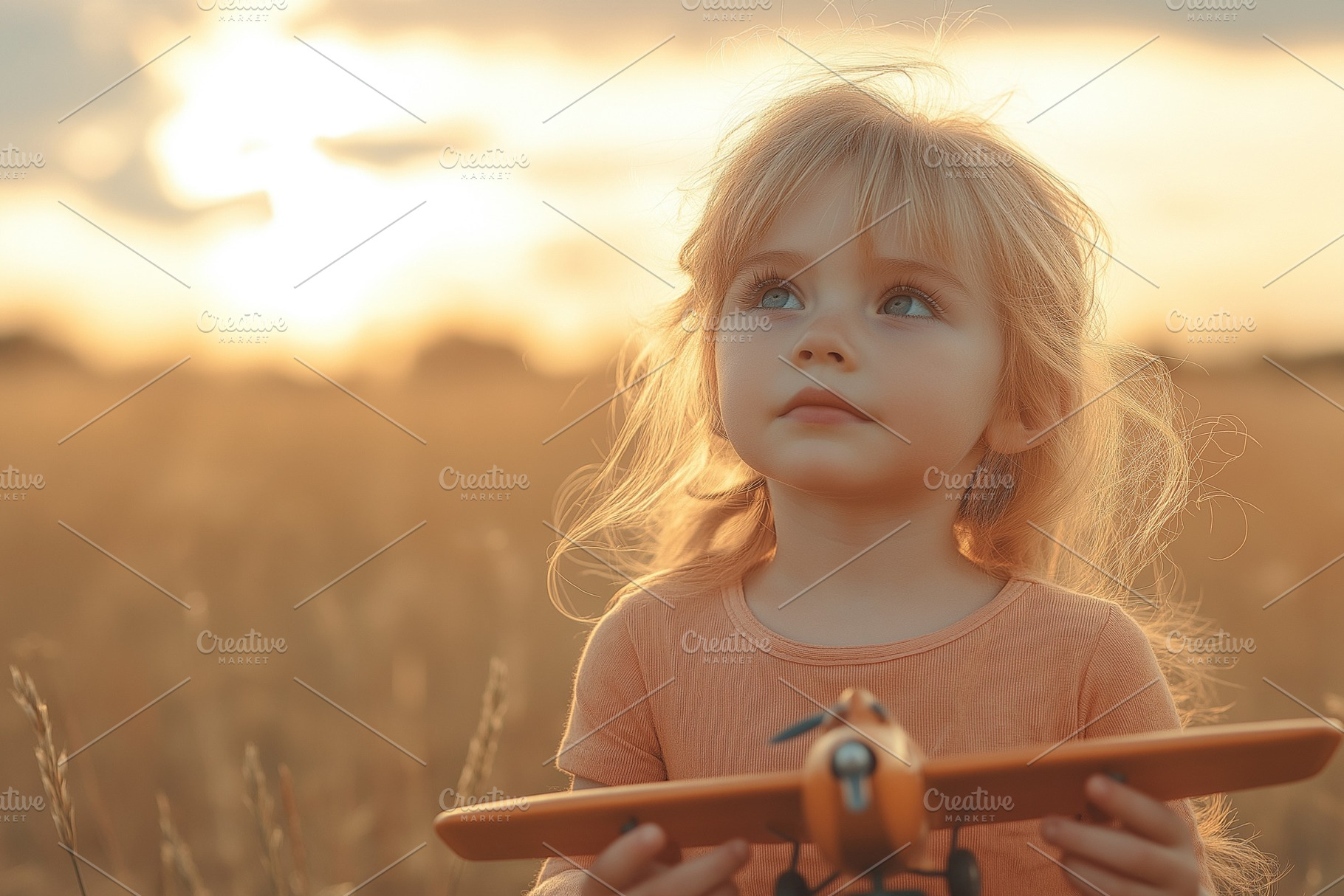 A young Caucasian girl with long hair holds a toy airplane, gazing thoughtfully, a Person Photo by ImageMir