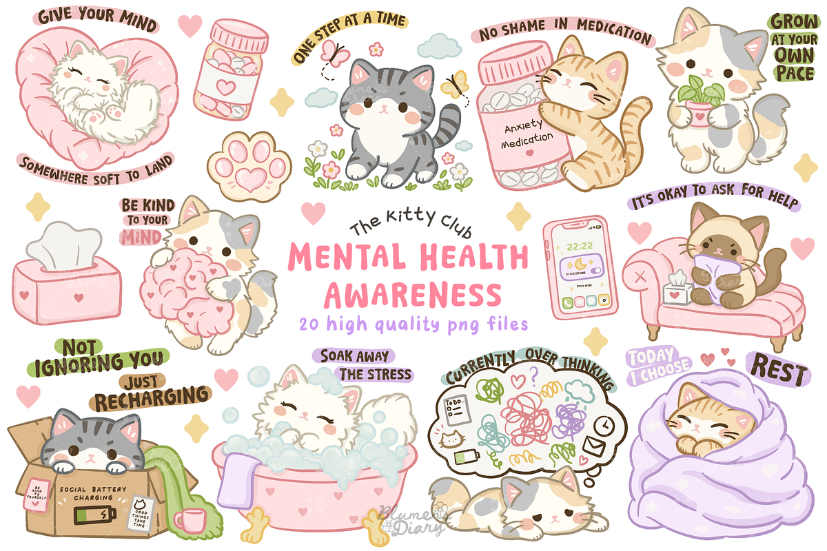 Mental Health Awareness Cat Clipart, a Healthcare Illustration by Blumensdiary (Photo 1 of 6)