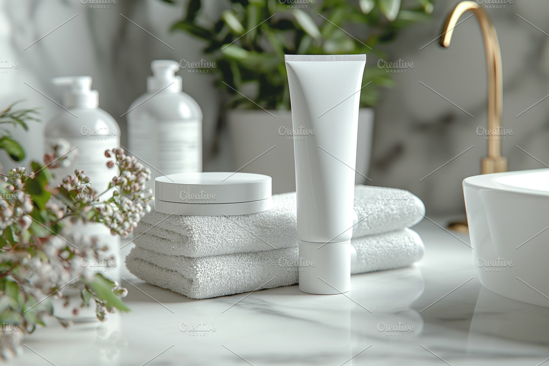 A clean and modern bathroom scene featuring skincare products, soft towels, and, a Background Photo by ImageMir