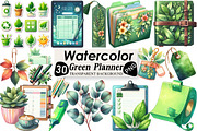 Watercolor Green Planner Clipart, an Illustration by Black Bird Studio (Thumbnail 1 of 6)