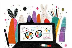 Charts and graphs on a artoon laptop, a Work Illustration by Sybillla
