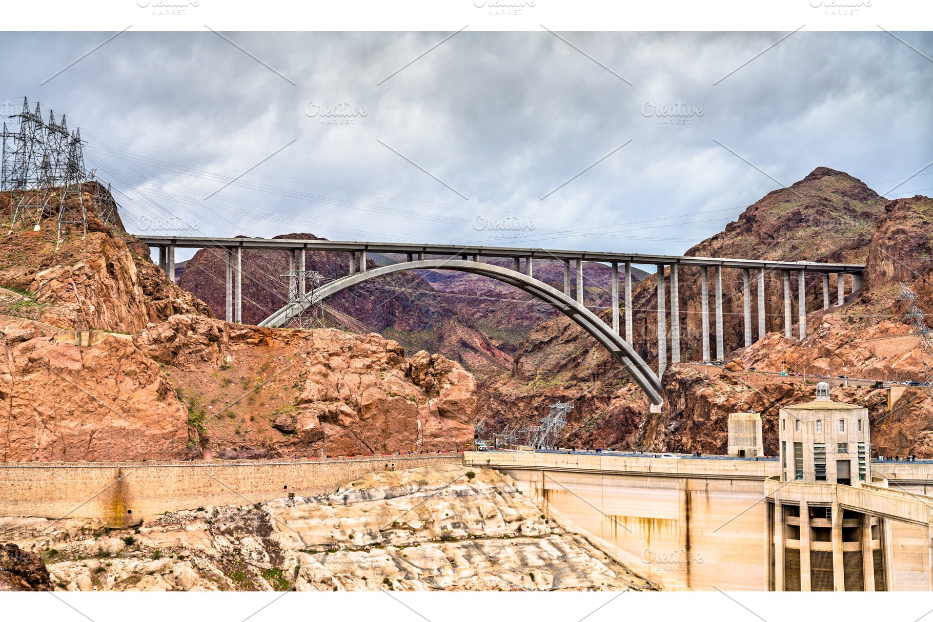 The hoover dam bypass bridge across containing bridge, hoover, and dam, an Architecture Photo by Leonid Andronov