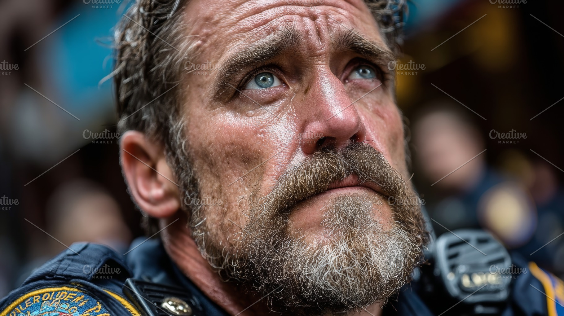 Close up portrait of a police officer in uniform showing emotion and determinat, a Photo by AS photostudio