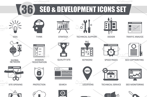 36 Seo Development Black Icons Set