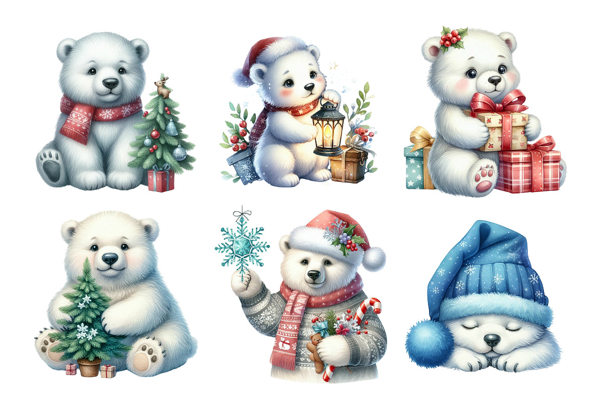 Christmas Polar Bear Clipart Bundle, an Illustration by SinaCreation (Photo 3 of 7)
