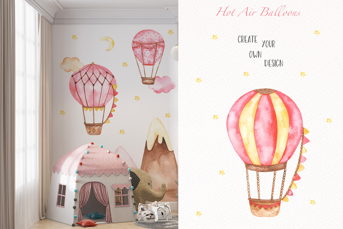 Hot air balloon pink watercolor, a Transportation Illustration by Marina Ermakova (Photo 6 of 9)