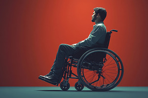 Individual in wheelchair gazes thoug, a Photo by Tanuart