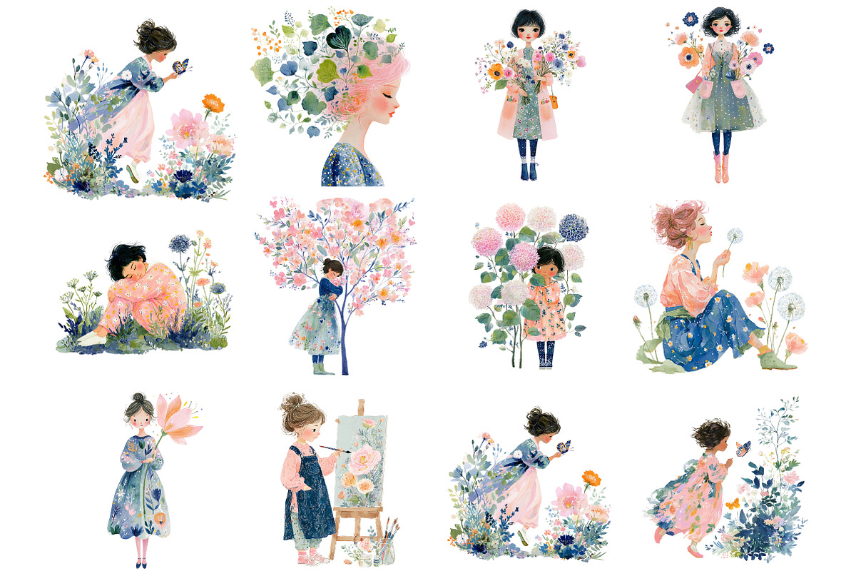 Whimsical Girl Flower Spring Clipart, an Illustration by DreamArtGraphic (Photo 3 of 4)