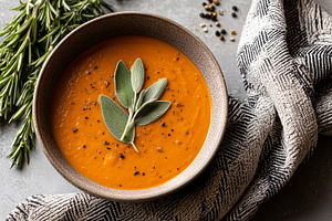 Top view of creamy pumpkin soup, a Food & Drink Photo by MistyDay