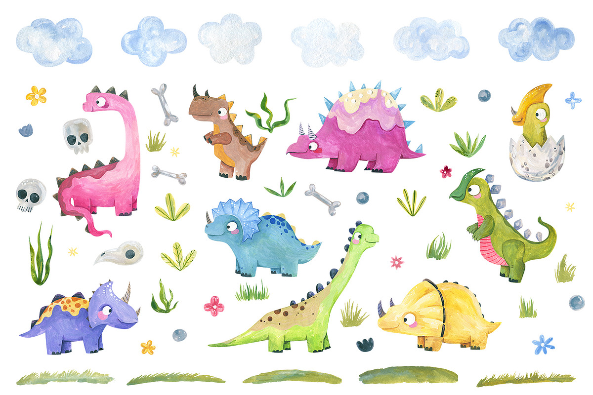 Watercolor Dinosaur Clipart Baby, an Object Graphic by the_myro (Photo 2 of 11)