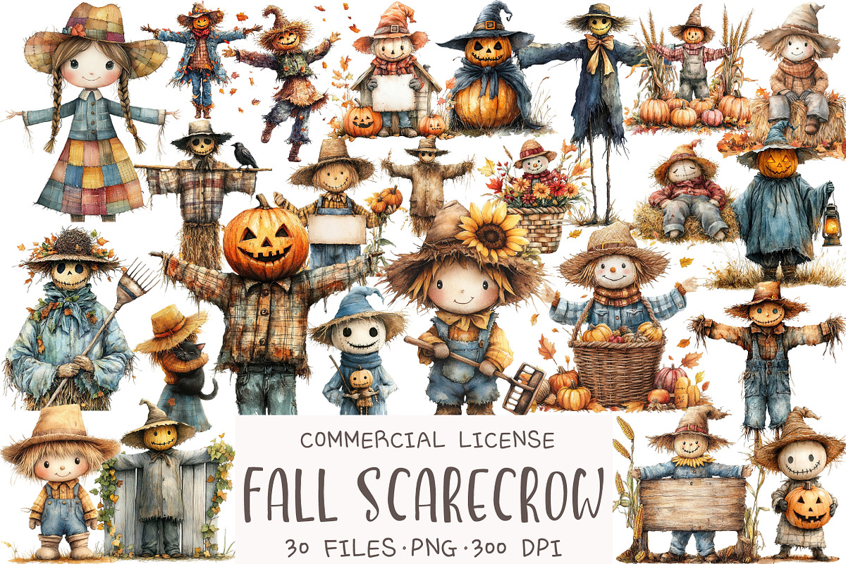 Watercolor Fall Scarecrow Clipart, an Illustration by OK Design (Photo 1 of 5)