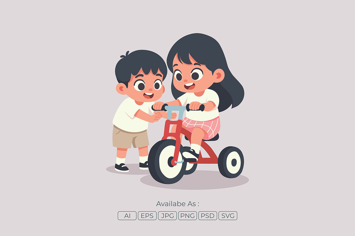 Kids Playing Tricycle Flat Vector, a Person Illustration by Partikusi Design (Photo 2 of 3)