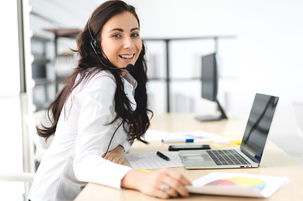 Beautiful happy call center smiling businesswoman operator custo, a Person Photo by Art_Photo