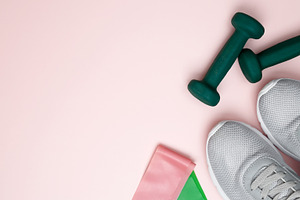 Athlete's equipment set dumbbells, resistance band. Healthy lifestyle, a Photo by matucha