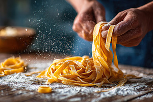 Fettuccine pasta being rolled and cut on a wooden surface with flour, a Food & Drink Photo by AlyaAnd