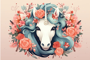 Dreamy Cute Unicorn With Flowers