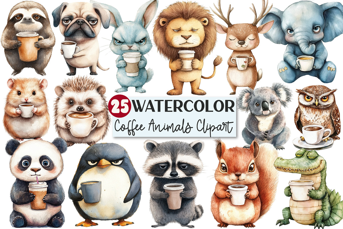 Grumpy Coffee Animals clipart, an Illustration by Rose Art (Photo 1 of 4)
