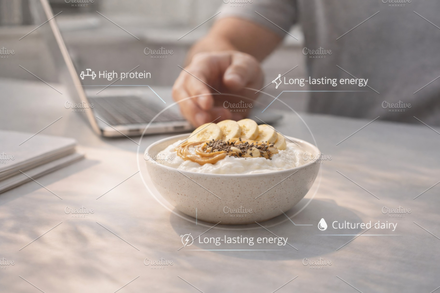 Bowl of Icelandic skyr with banana s, a Photo by Dvoevnore photos