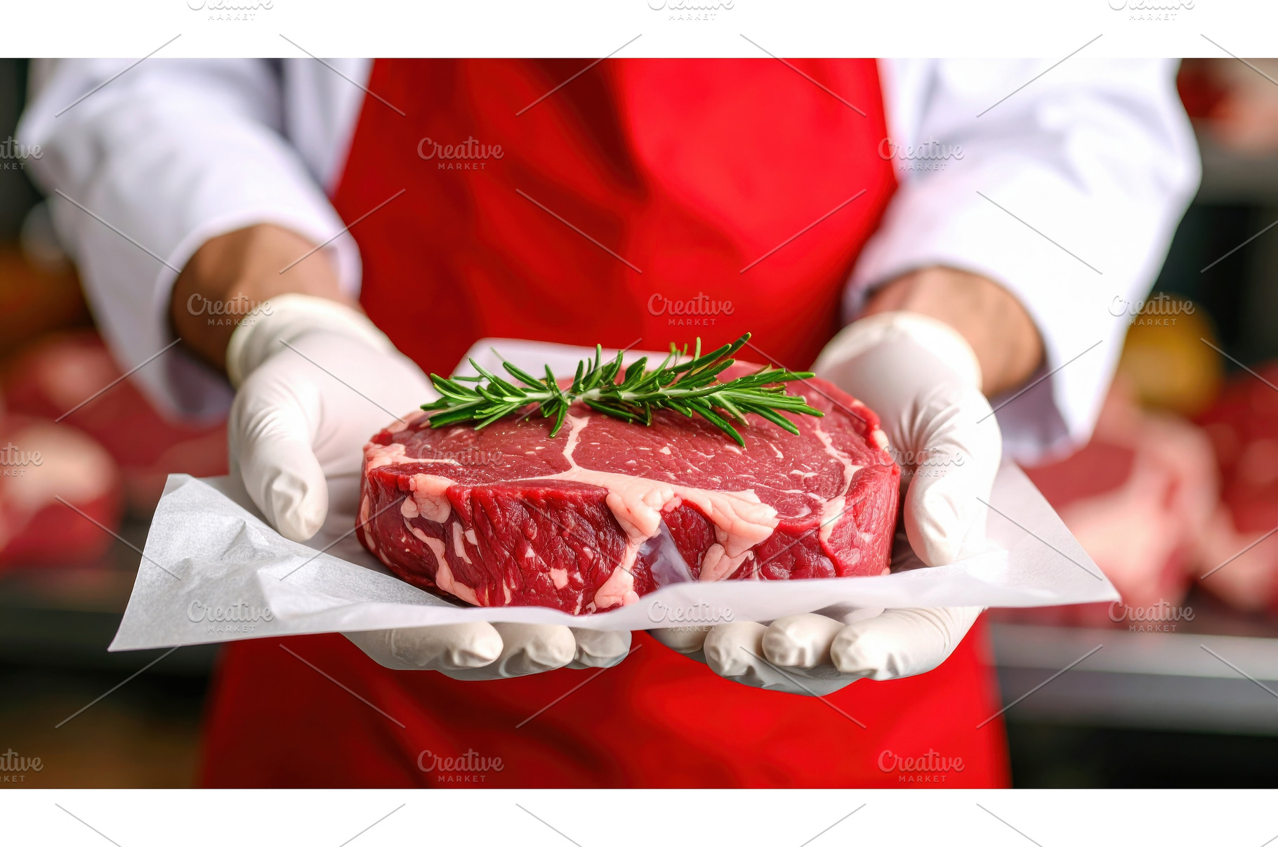Butcher presenting a raw steak with, a Food & Drink Photo by Igor Tichonow