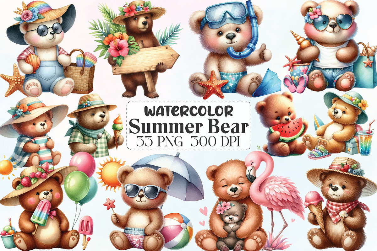 Watercolor Summer Bear Clipart, an Illustration by CraftArtStudio (Photo 1 of 5)