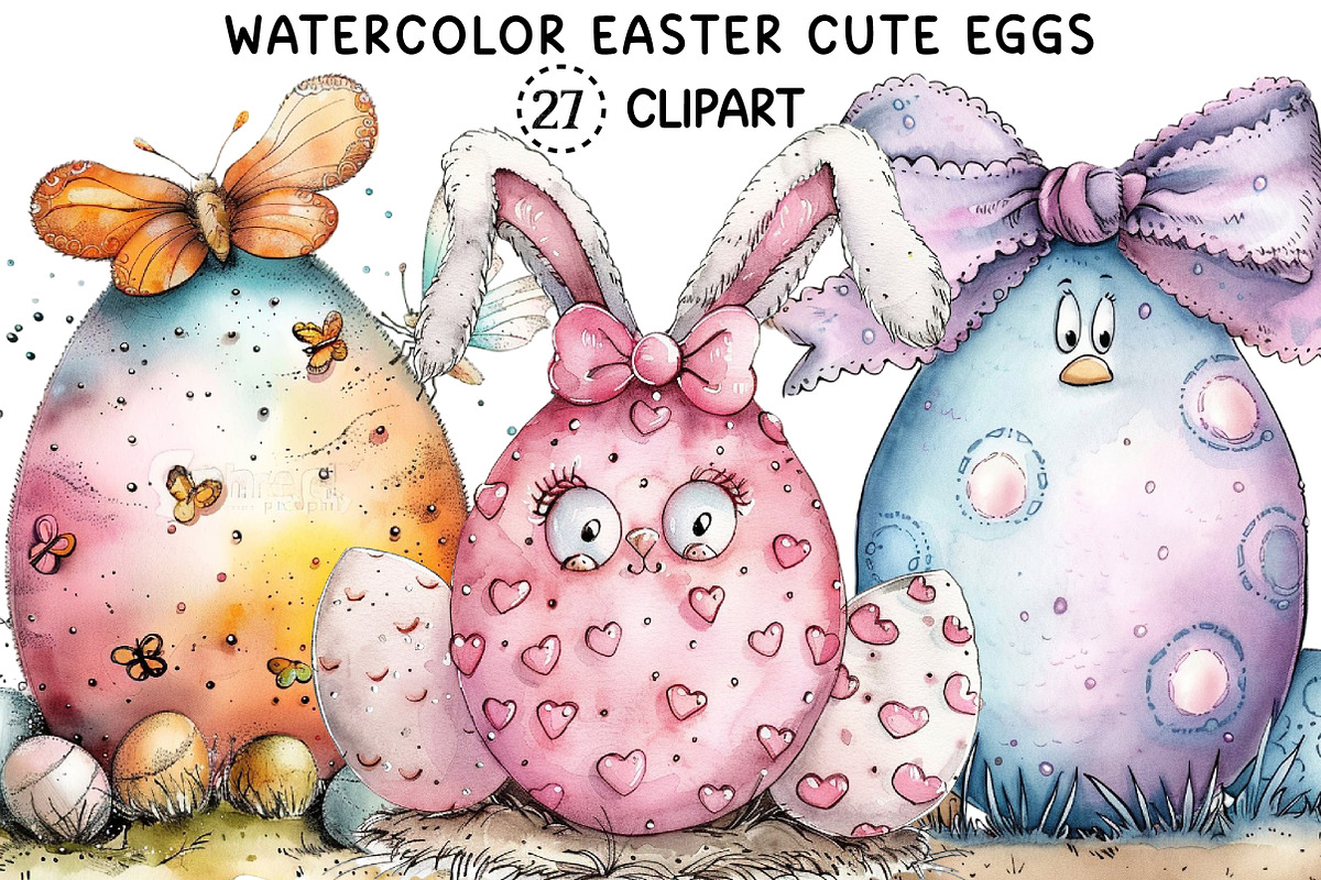 Watercolor Easter Cute Eggs Clipart, an Illustration by Creative Art (Photo 1 of 7)