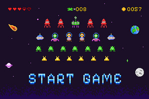 Invaders game screen. Space retro