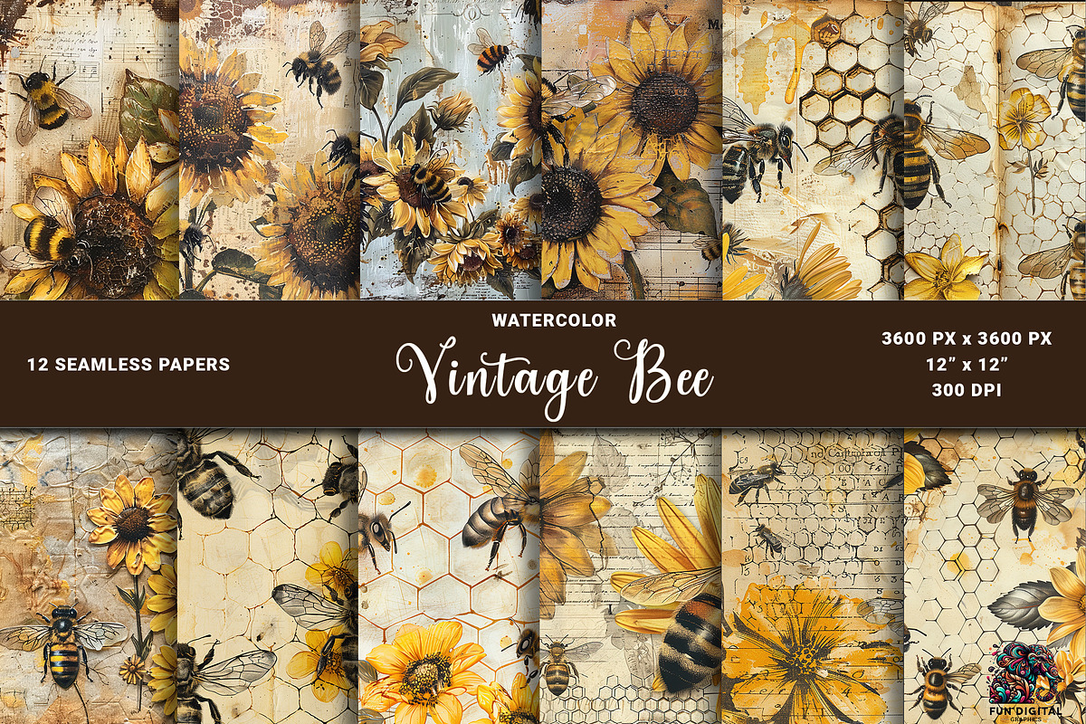 Vintage Bee Digital Paper Seamless, a Pattern Graphic by Fun Digital