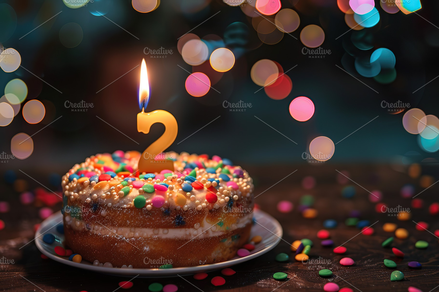 Birthday cake with one candle number 2 on blurred lights background, a Food & Drink Photo by AlyaAnd