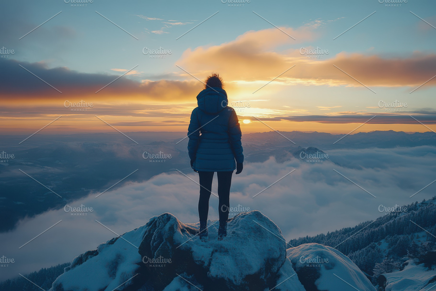 Woman on snowy mountain peak sunset, a Food & Drink Photo by Pixeness Studio