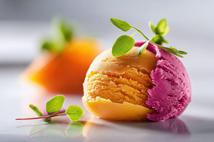 Colorful sorbet scoops with fresh herbs, a Food & Drink Photo by AlyaAnd