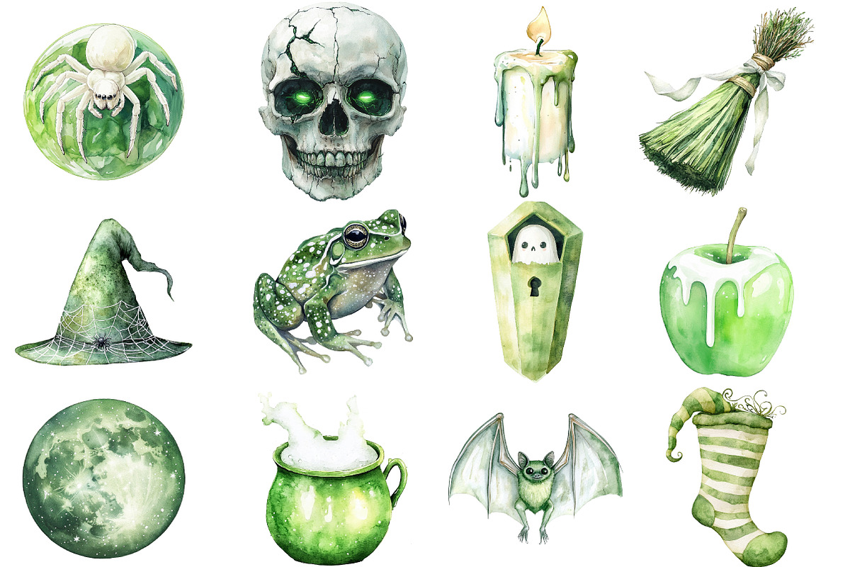 Green & White Halloween Clipart, an Illustration by SinaCreation (Photo 3 of 5)
