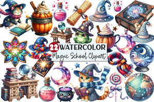 Cute Magic School Watercolor Clipart, an Illustration by Rose Art