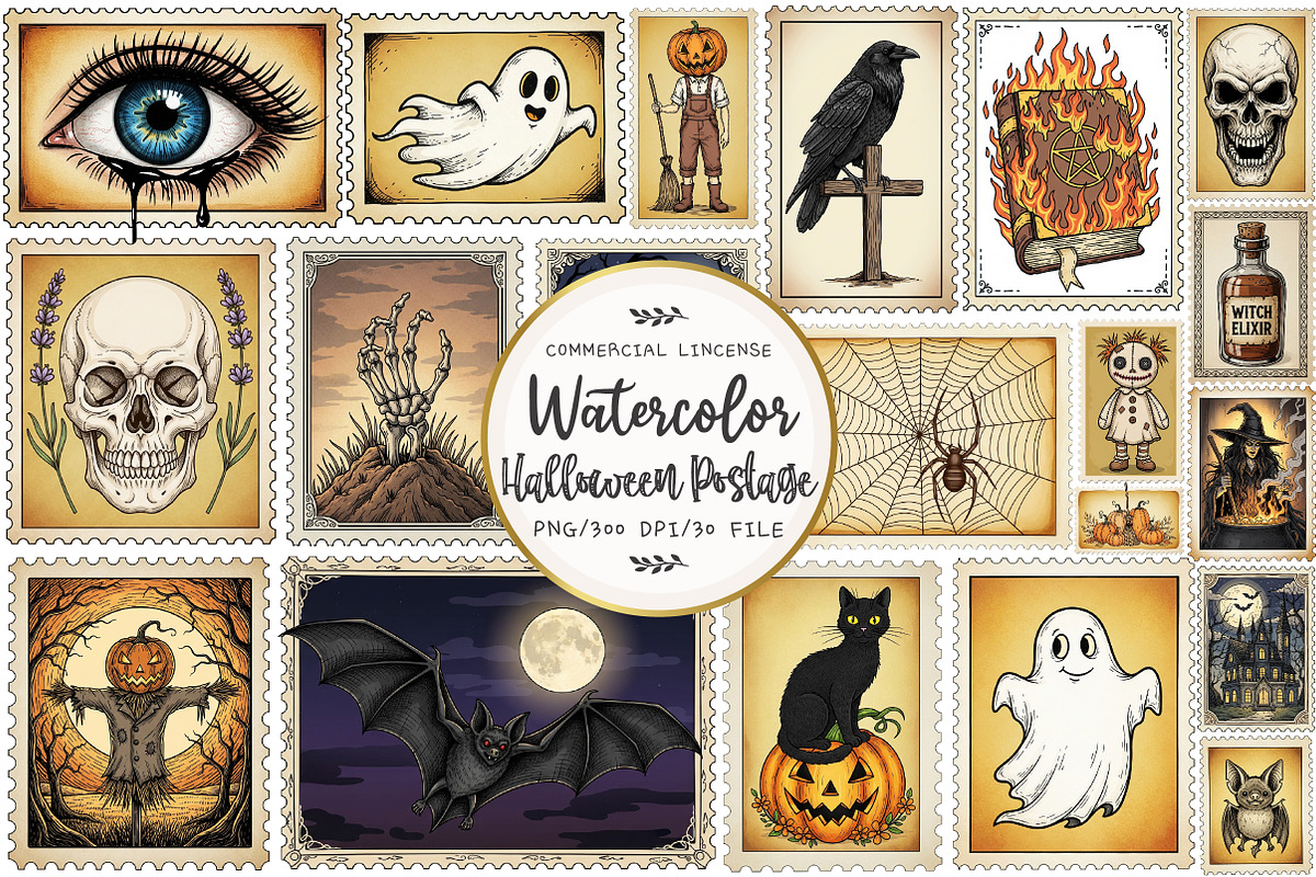 Vintage Halloween Postage Stamp PNG, an Illustration by OK Design (Photo 1 of 5)