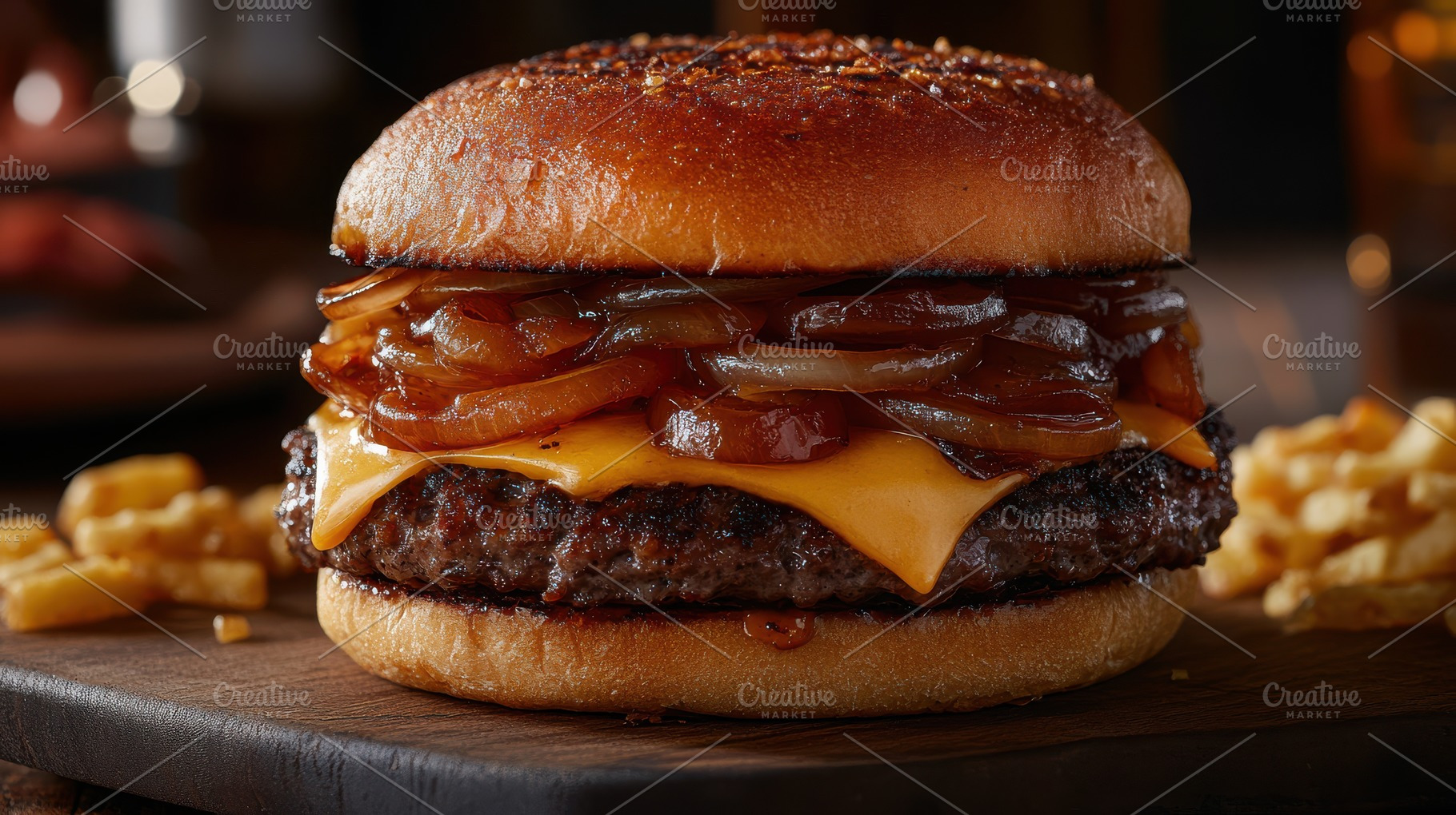 Juicy burger topped with caramelized, a Food & Drink Photo by Pixeness Studio