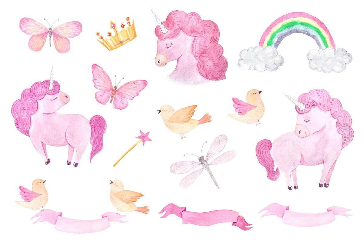 Watercolor Unicorn Design Set, a Decorative Illustration by LarysaZabrotskaya (Photo 3 of 10)