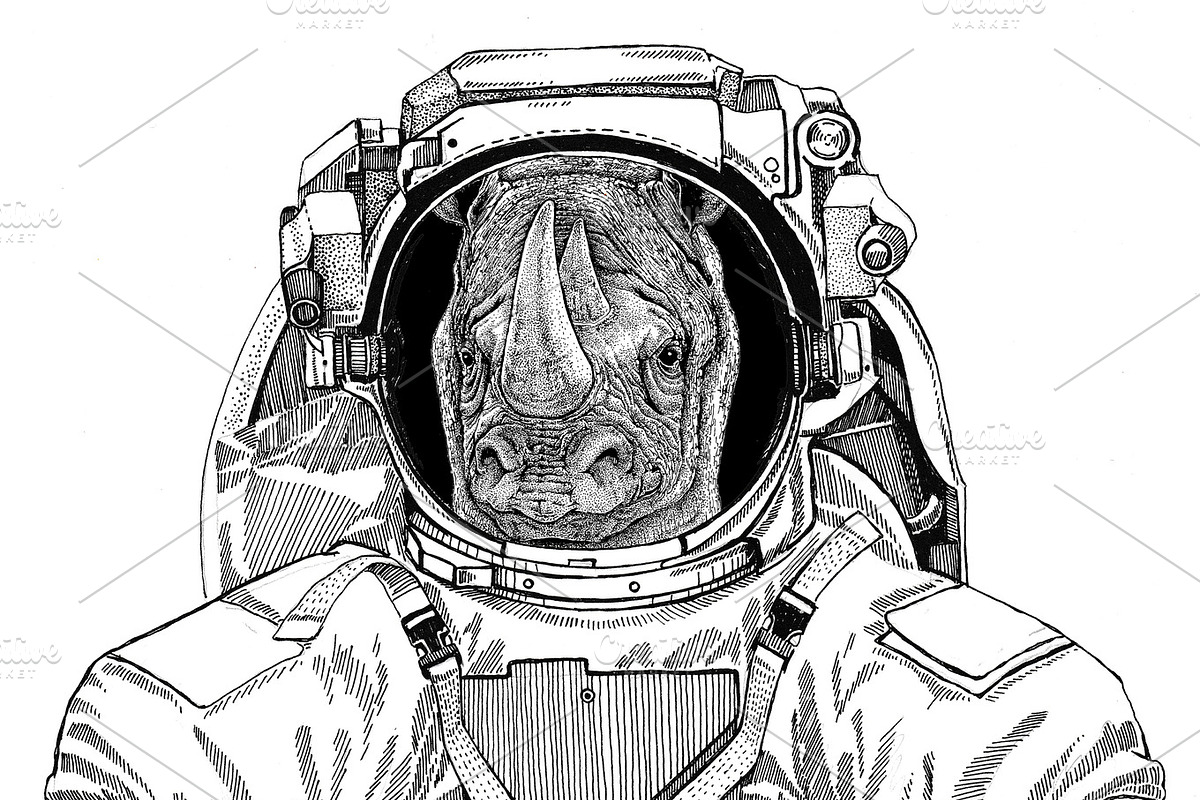 Rhinoceros, rhino wearing space suit Wild animal astronaut Spaceman ...