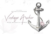 VINTAGE ANCHOR with magnolia flower, an Illustration by Friendly Label (Thumbnail 1 of 2)