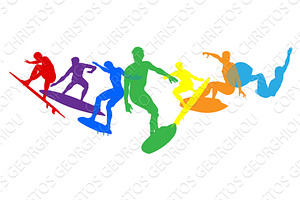 sports silhouettes color surfers, a Sport Illustration by Christos Georghiou