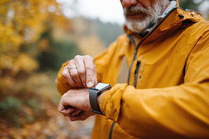 Elderly man in smart jacket checking smartwatch during fall season walk in natu, a Photo by AlyaAnd