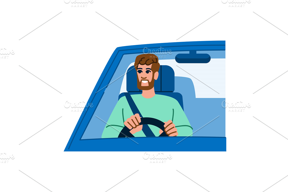 Smiling bearded man driving a car, a Transportation Illustration by pikepicture