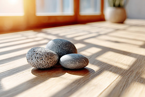 Three smooth stones on wooden surface with sunlight, a Beauty & Fashion Photo by AlyaAnd