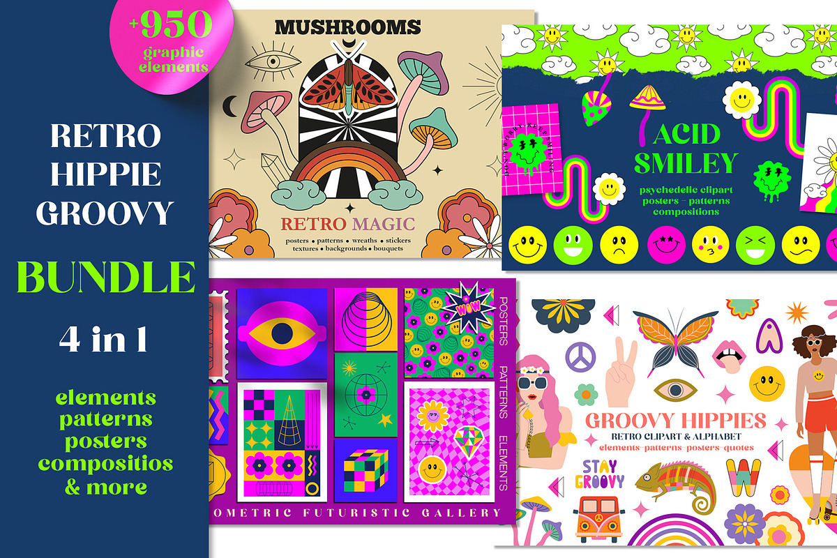 Retro Groovy Hippie Bundle, an Object Graphic by Sofico (Photo 1 of 35)