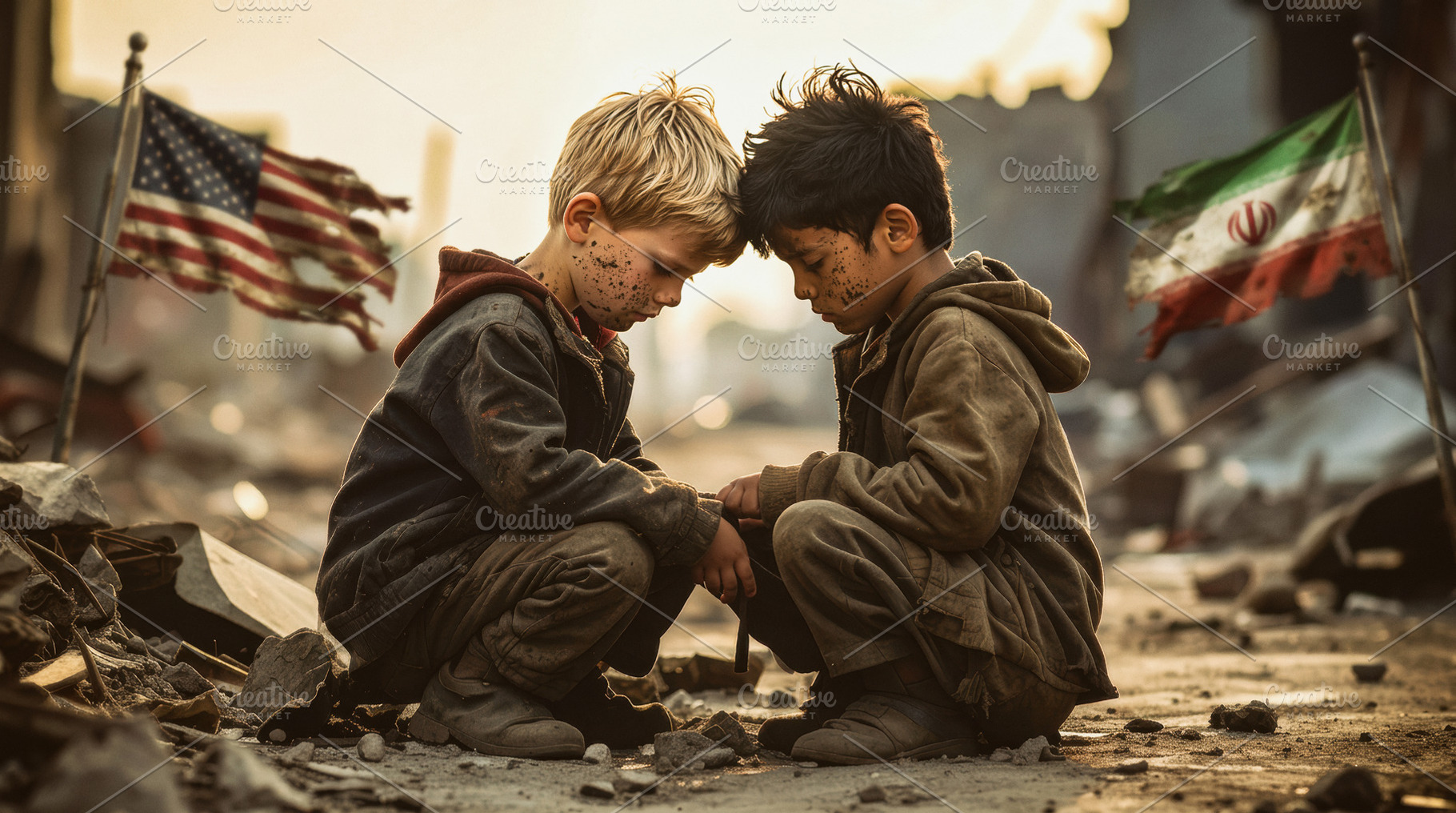 Children Amid War Ruins and Symbolic Flags, an Abstract Photo by Davizro's Market