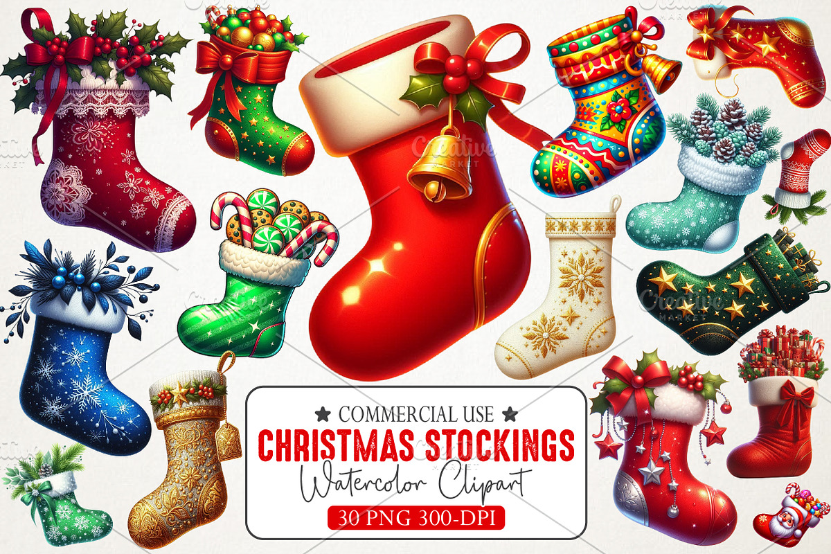 Christmas Stockings Watercolor Bundl, an Illustration by RobertsArt (Photo 1 of 7)